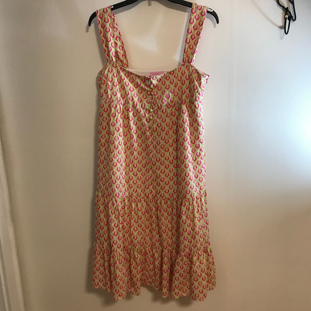 Lily Pulitzer Sz 8 Pink Green Geometric Sundress Button Pockets Zip Linen blend